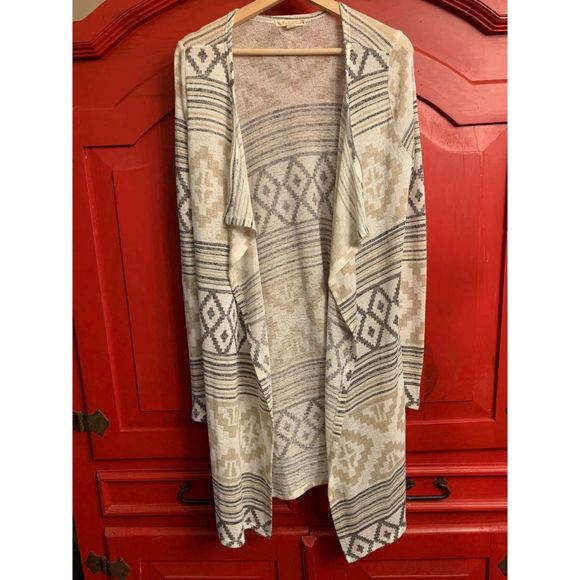 Its Our Time Size Large Long Light Cardigan Sweater Aztec Tribal Print Brown EUC - Picture 1 of 4